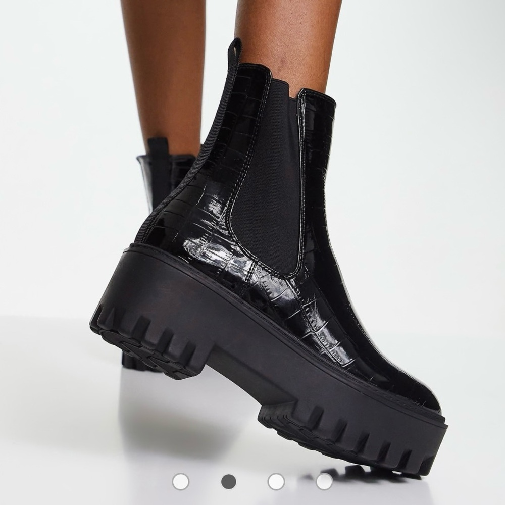 Glossy Black Heeled Croc Embossed Chunky Boots